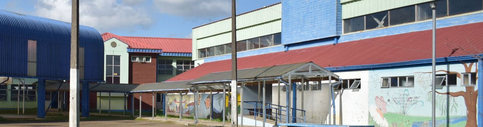Edificios del Liceo Bicentenario Tomás Burgos: pabellones de dos pisos con techumbre de zinc azul y roja, murales pintados en los muros y cielo despejado.